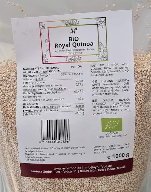 Ayni Bio Royal Quinoa Etikette